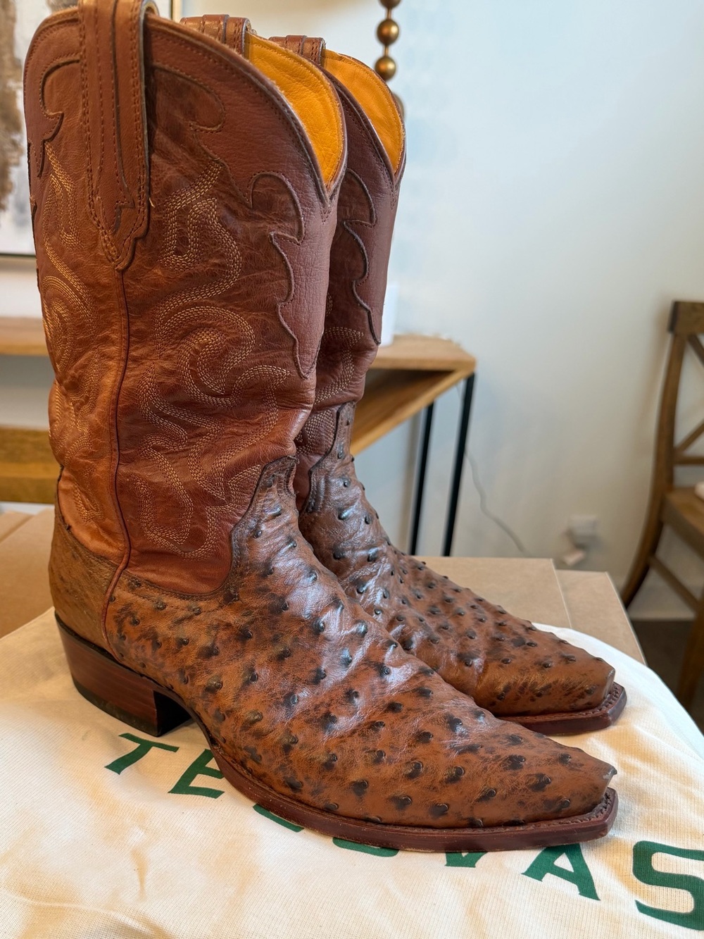 Tecovas Brown Ostrich-Pattern Western Boots with Gold Lining